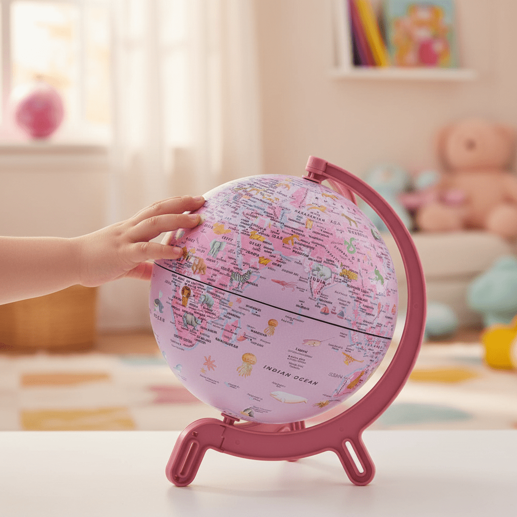 A child's hand spinning the small 6-inch Giacomino pink globe.