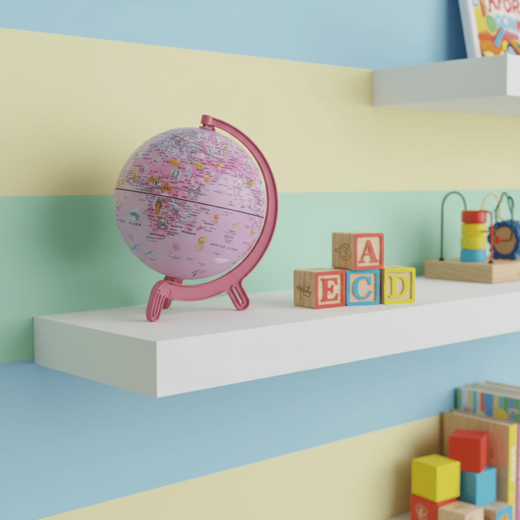 Small Giacomino pink globe placed on a white shelf in a child's playroom next to toy blocks.