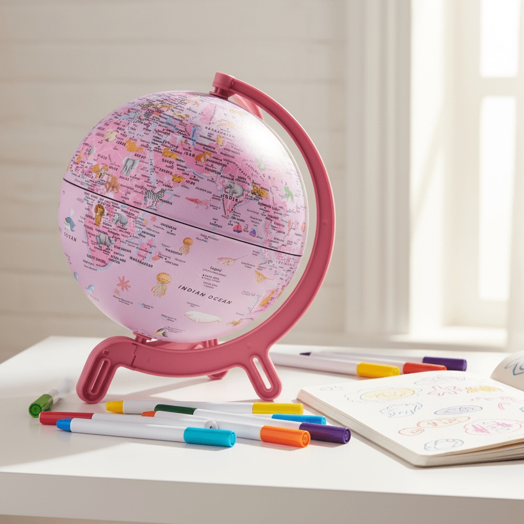 Giacomino pink globe sitting on a child's desk next to markers and a notebook.