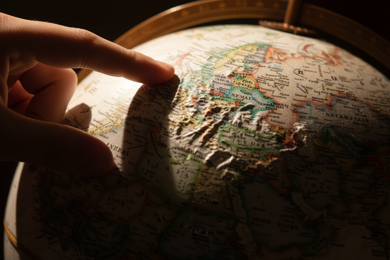 Close up of a raised relief globe showing textured 3D mountain ranges.