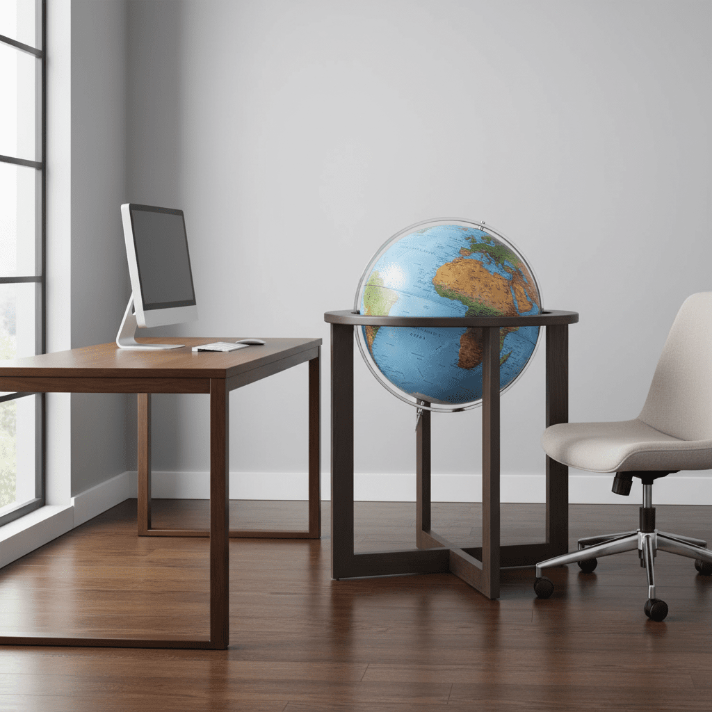 San Marino blue globe with wood stand placed near a wooden desk in a home office.