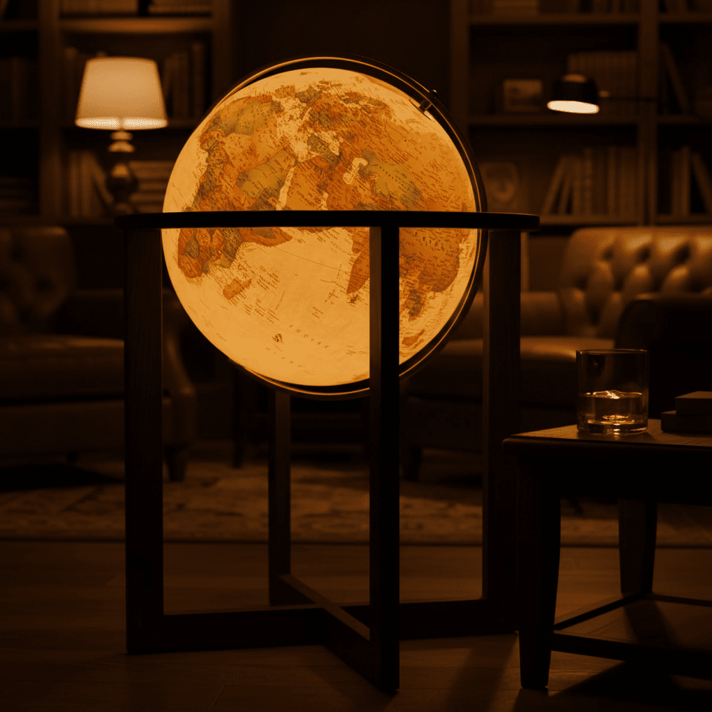 Illuminated San Marino globe glowing warmly in a dim study, acting as a mood light.