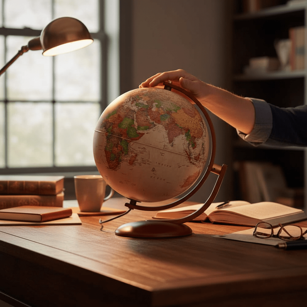 An adult hand resting on the top of the 12-inch antique sphere of the Waypoint Geographic Andorra desk globe, providing clear scale.