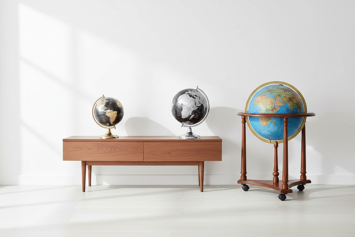 Collection of brand new floor and desktop world globes on sale in a bright modern room.