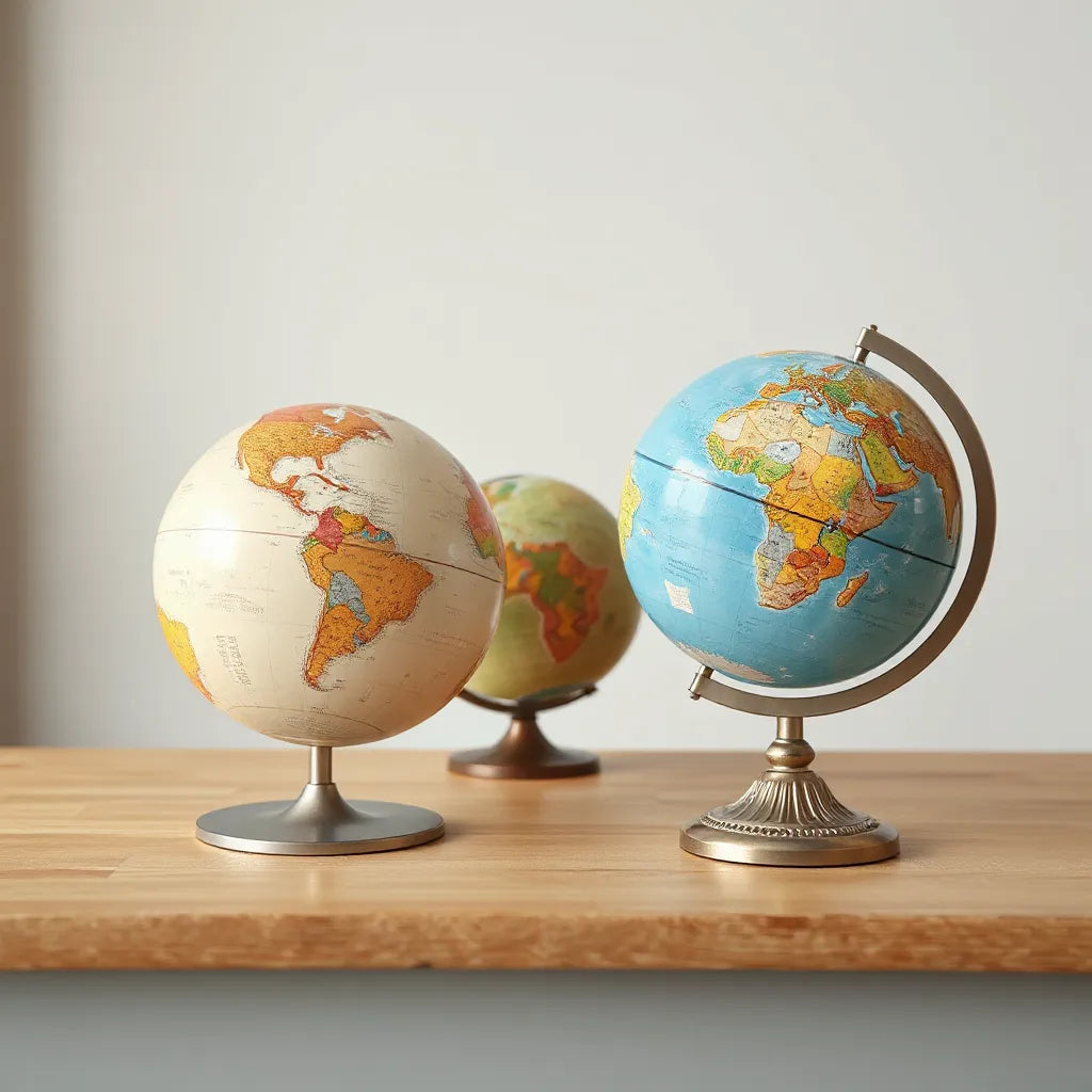 Decorative globes with distinct finishes displayed on a wooden table in soft natural light