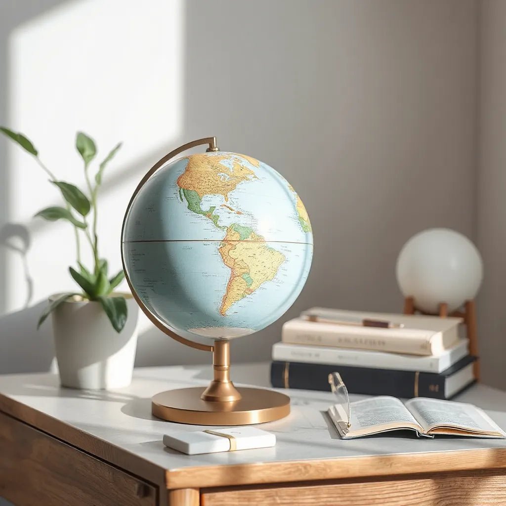 Classic world globe with a modern metal base on a minimalist desk in a bright room
