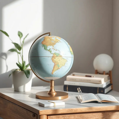 Classic world globe with a modern metal base on a minimalist desk in a bright room