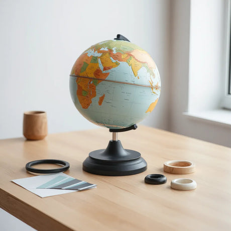World globe on a desk with interchangeable stand options and subtle customization parts nearby