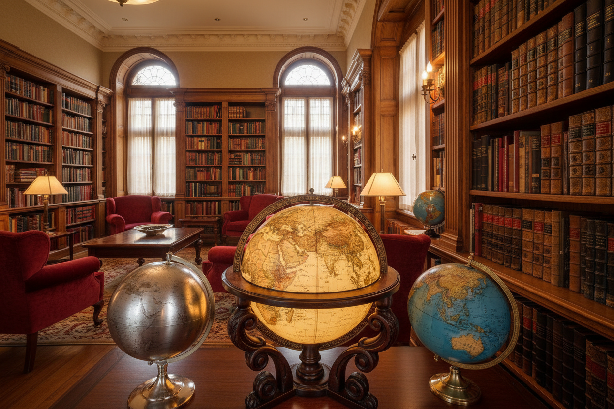 A curated display of the top 20 best-selling luxury floor and desktop world globes in a high-end library setting.