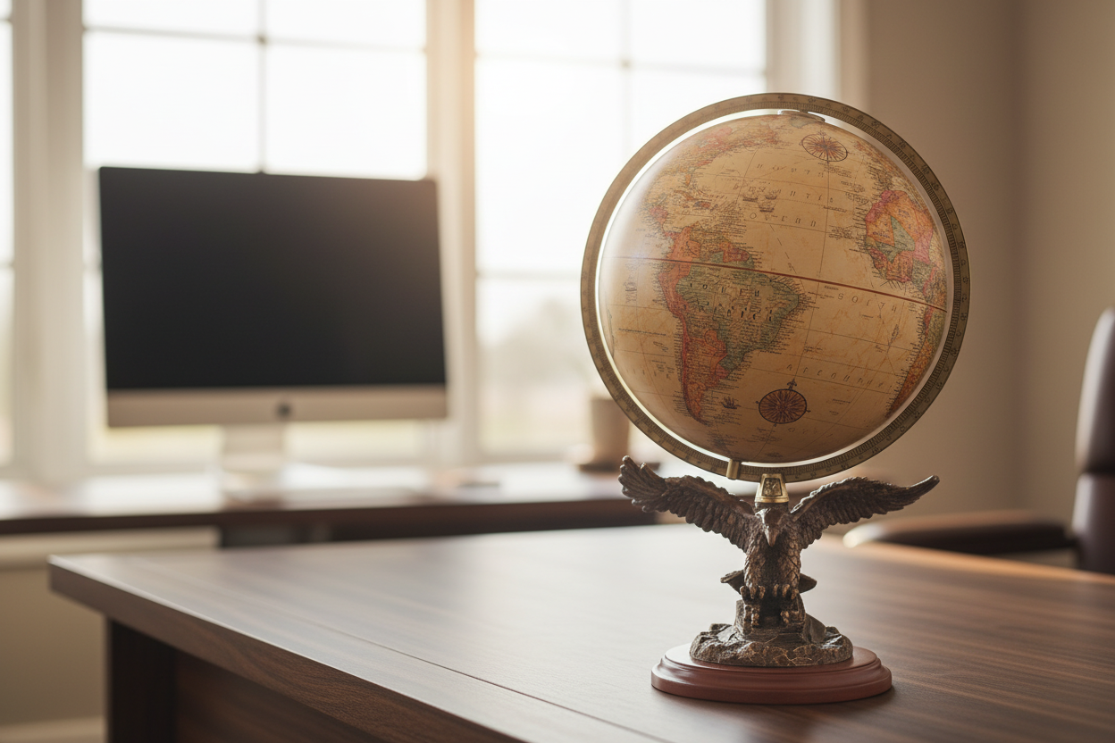 Antique style tabletop globe sitting on a wooden desk in a home office.