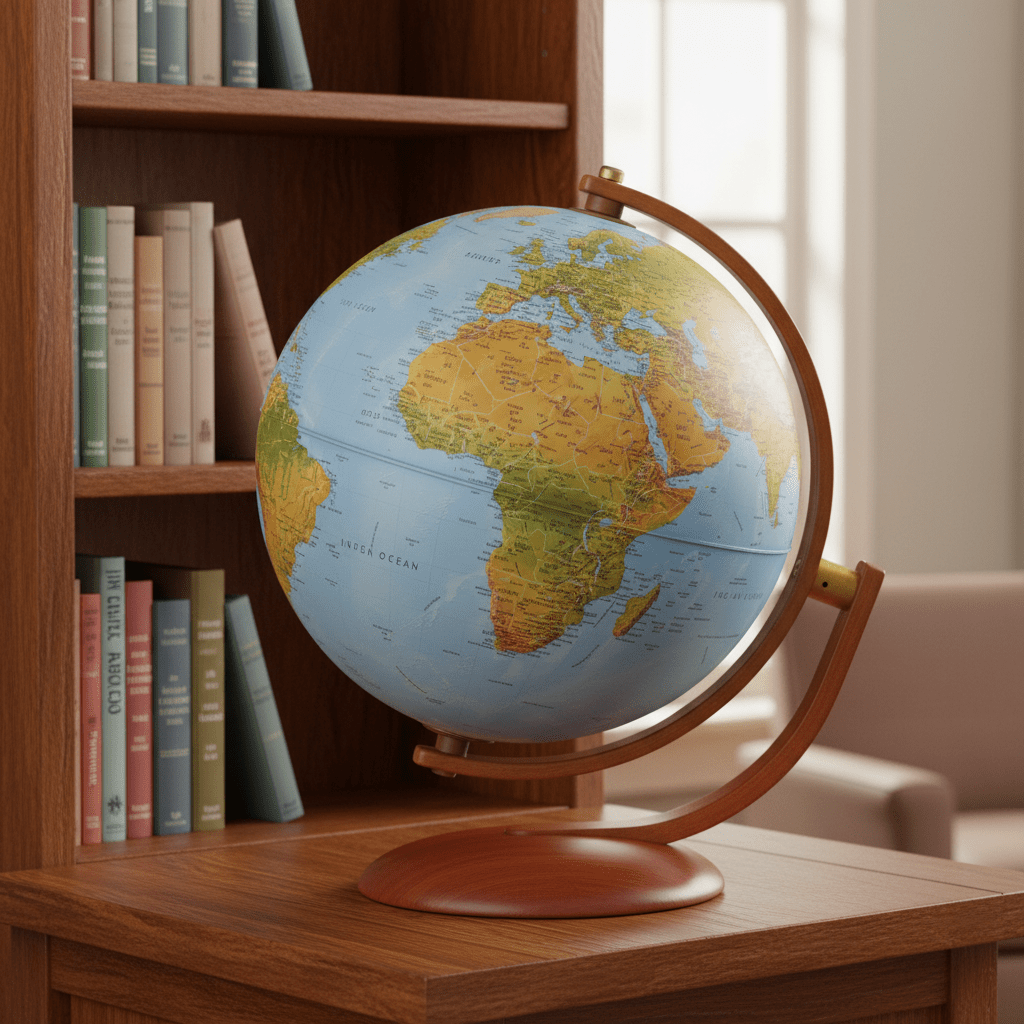 Gibraltar globe placed on a wooden bookshelf, showing correct scale next to hardback books.