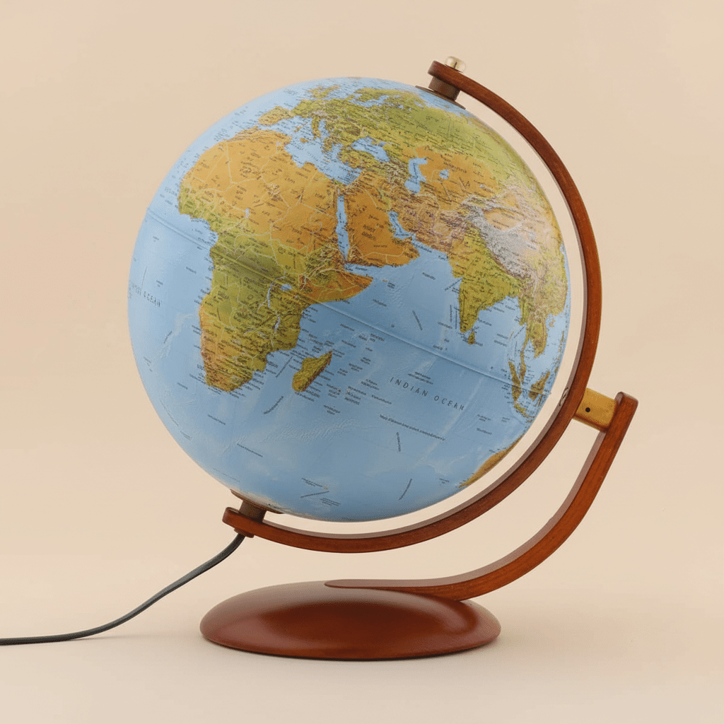 Full studio profile shot of the Gibraltar globe highlighting accurate proportions and wood construction.