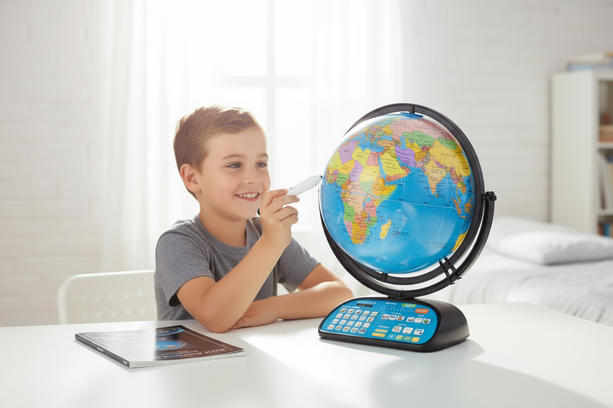 Student using a smart pen on an interactive world globe during a homeschool lesson in a bright bedroom.