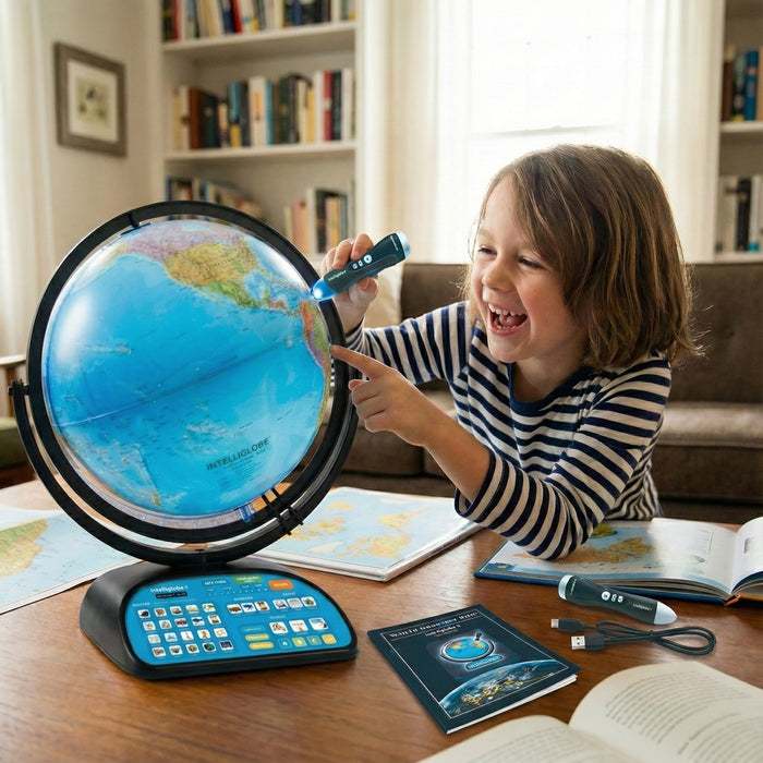 Colorful interactive educational smart globe for children resting on a desk in a brightly lit playroom.