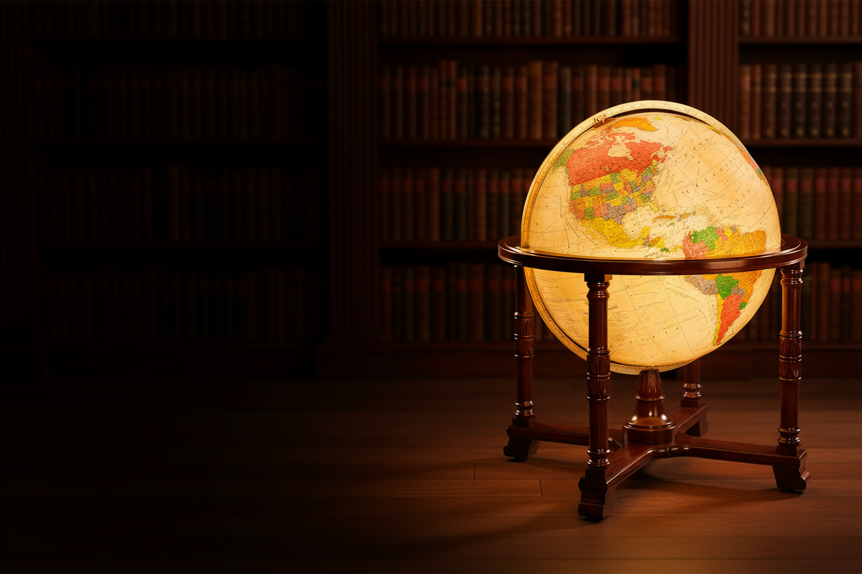 Massive 32-inch illuminated floor globe in a luxury library setting.