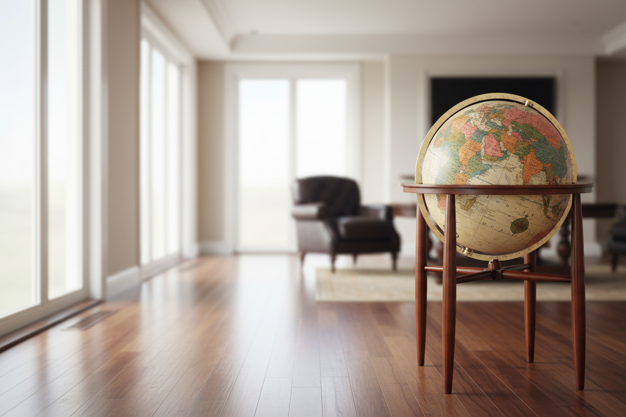 Large floor-standing world globe with antique ocean finish displayed in a luxury home office setting