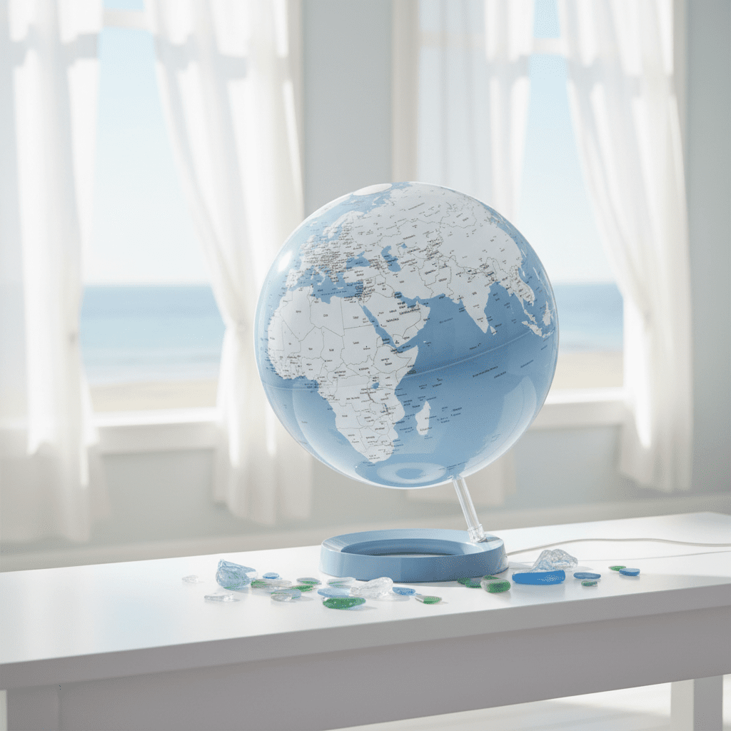 Waypoint Blue Light & Color globe sitting on a white console table in a coastal home.