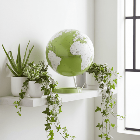 Waypoint Green Light & Color globe sitting on a white shelf surrounded by houseplants.