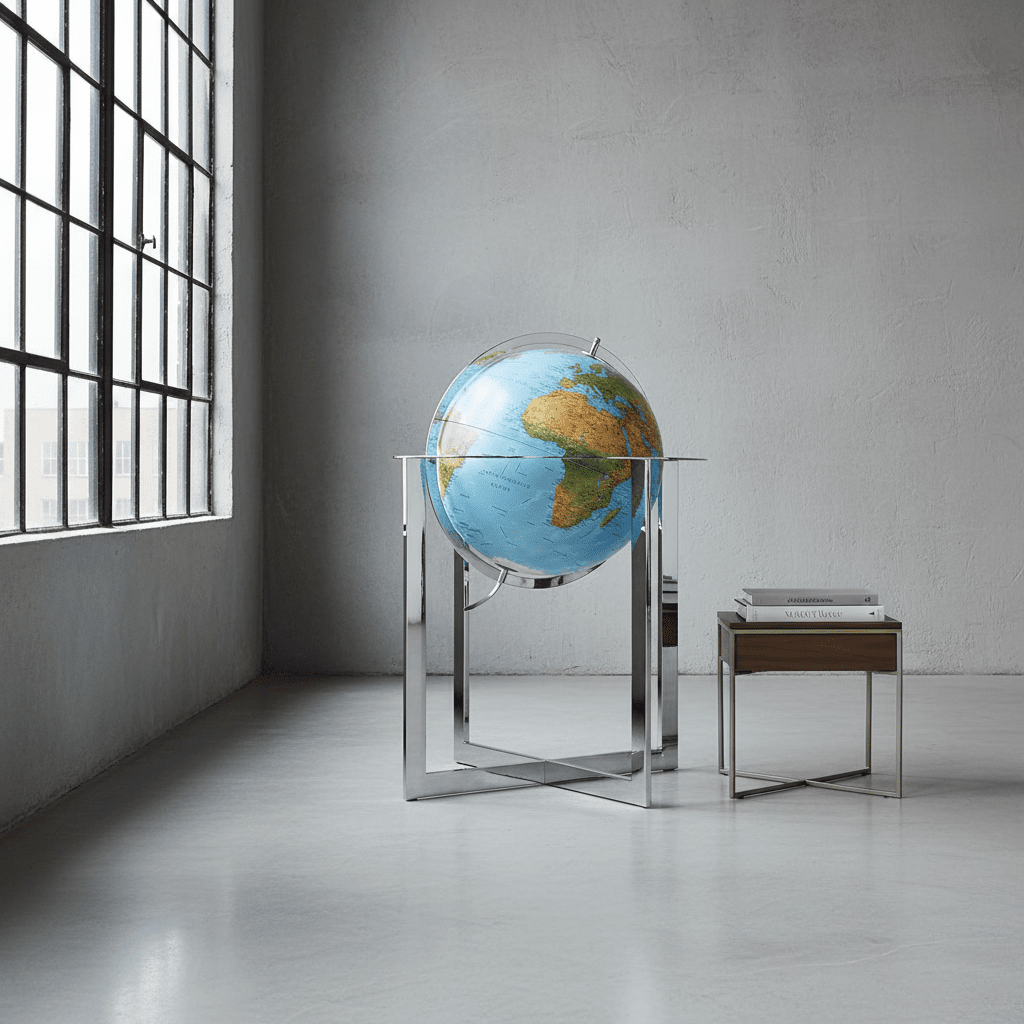 Maranello globe with silver stand placed against a concrete wall in a modern loft.