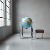Maranello globe with silver stand placed against a concrete wall in a modern loft.