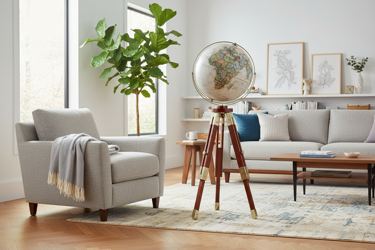 The National Geographic Eaton III non-illuminated floor globe featuring a hardwood tripod stand and antique-style cartography in a sunlit living room.