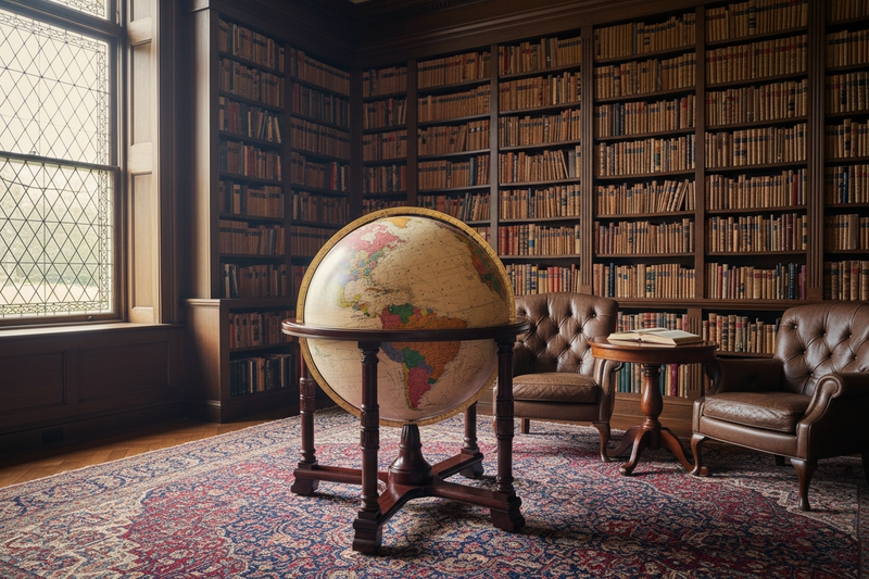 The massive 32-inch Replogle Diplomat floor globe featuring a handcrafted solid wood cradle stand in a formal library setting.