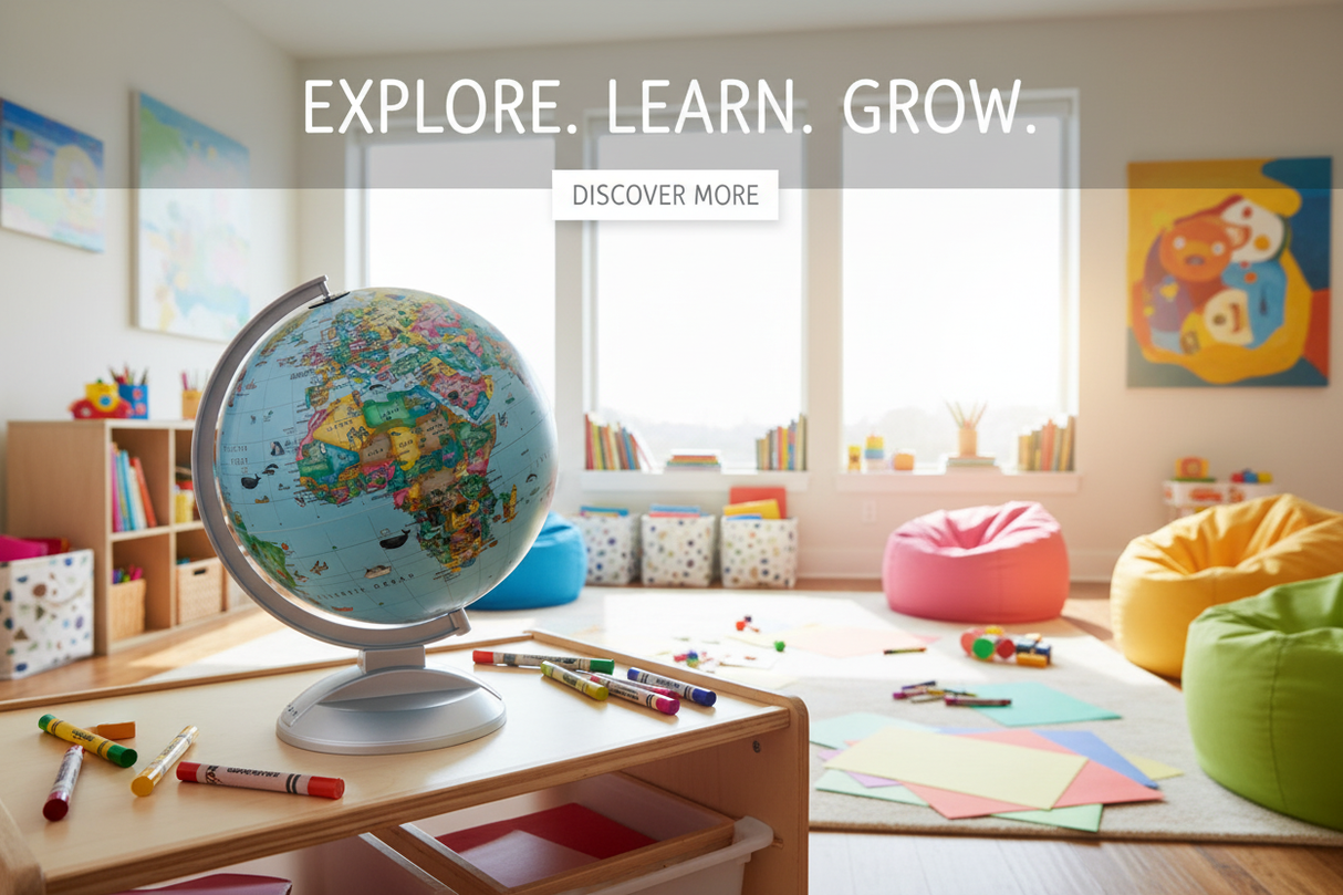 Wide cinematic view of a colorful playroom with the Globe 4 Kids as the centerpiece.