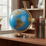 Replogle Livingston 16-inch tall desktop globe placed on a bookshelf next to hardback books to show scale.