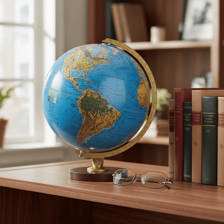 Replogle Livingston 16-inch tall desktop globe placed on a bookshelf next to hardback books to show scale.