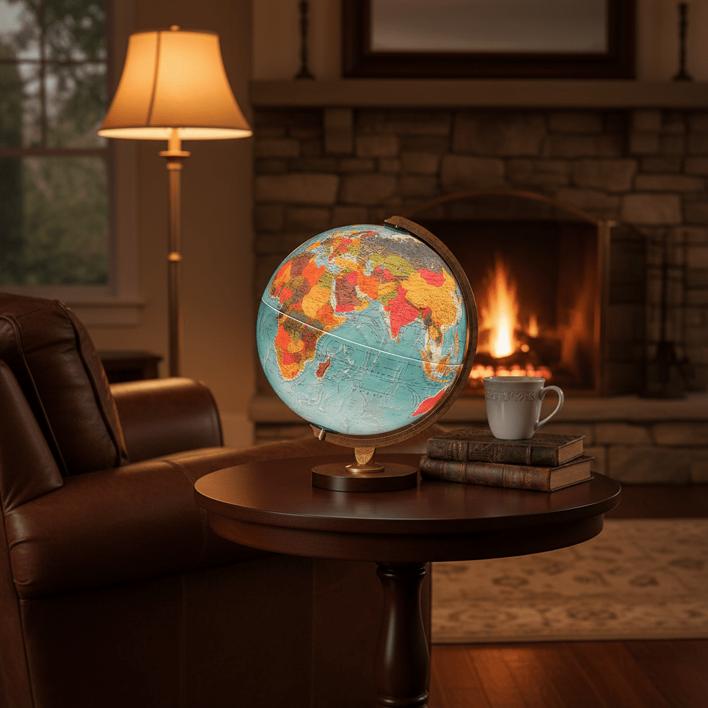 Replogle Livingston illuminated globe glowing warmly on a wooden side table next to a leather armchair in a cozy living room at night.
