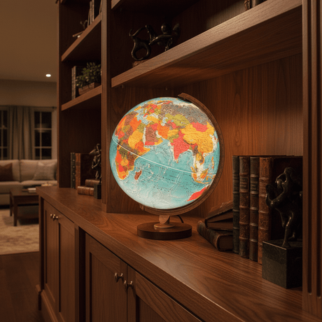 Illuminated Replogle Livingston 12-inch globe glowing brightly on a wooden built-in bookshelf in a dimly lit living room at night.