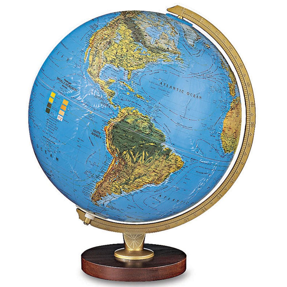 Full studio profile shot of the Replogle Livingston globe against a white background, showing the wood base and gold meridian.
