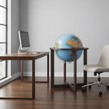 San Marino blue globe with wood stand placed near a wooden desk in a home office.