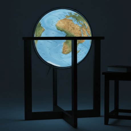 Illuminated San Marino Blue globe glowing brightly in a dim room, acting as a mood light.