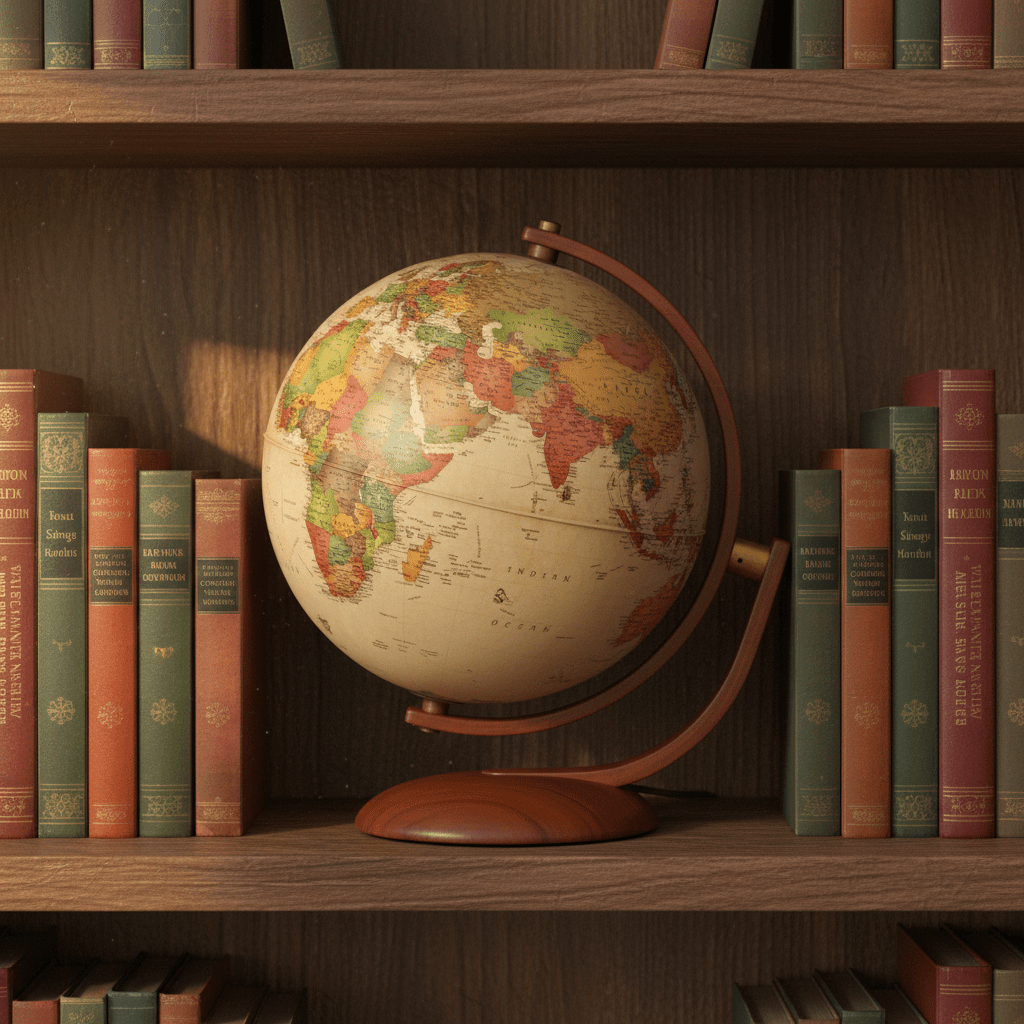 Waypoint Andorra antique globe placed on a wooden bookshelf between stacks of hardback books to demonstrate its 15.7-inch height.
