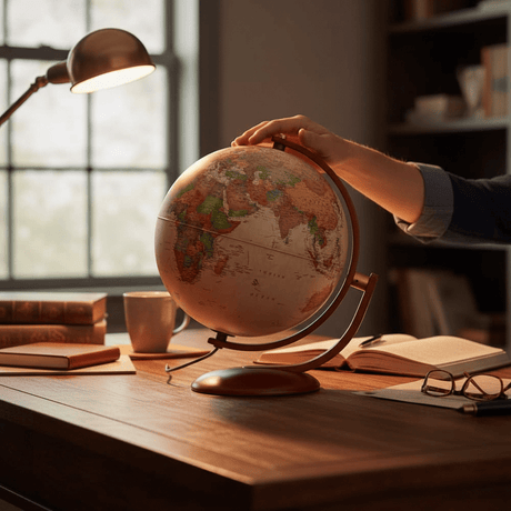 An adult hand resting on the top of the 12-inch antique sphere of the Waypoint Geographic Andorra desk globe, providing clear scale.