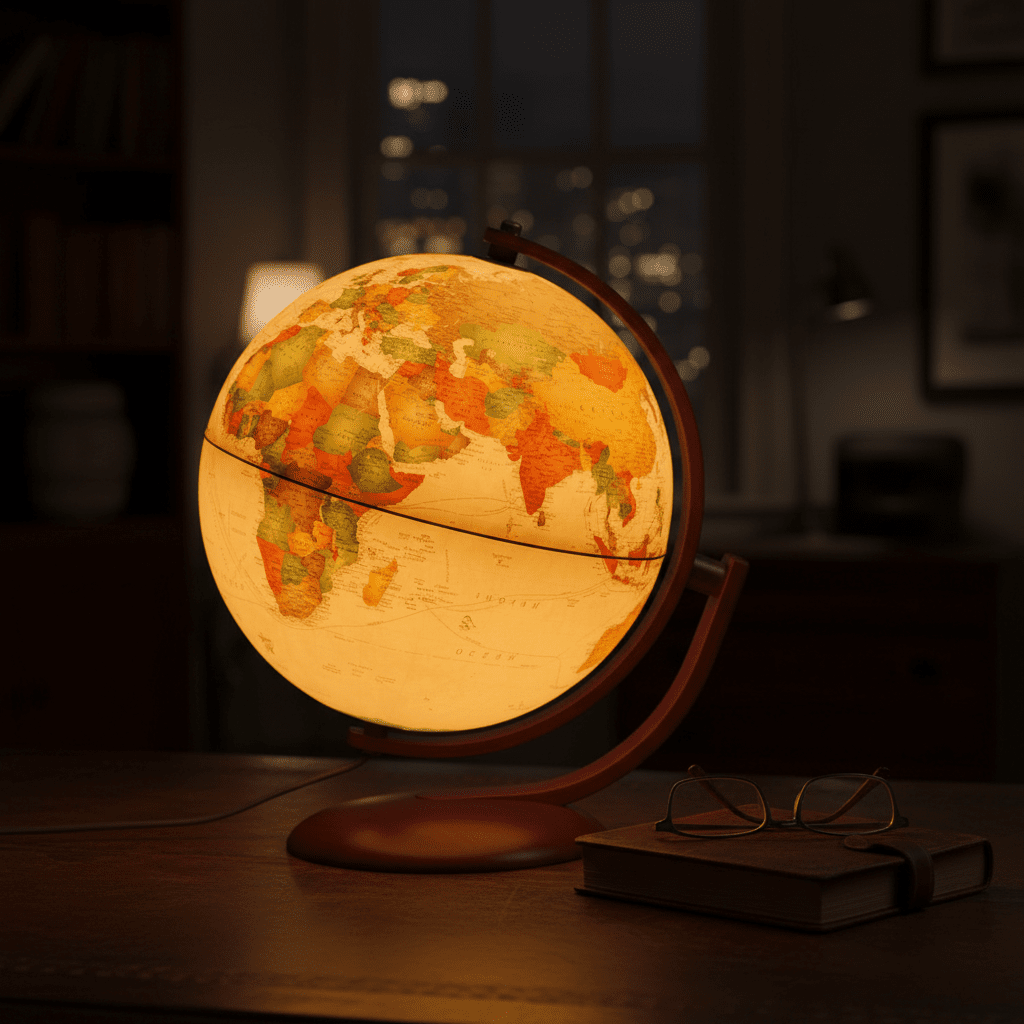 Illuminated Waypoint Geographic Andorra globe glowing warmly on a dark wooden desk at night, next to reading glasses and books for scale.