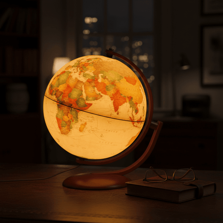 Illuminated Waypoint Geographic Andorra globe glowing warmly on a dark wooden desk at night, next to reading glasses and books for scale.