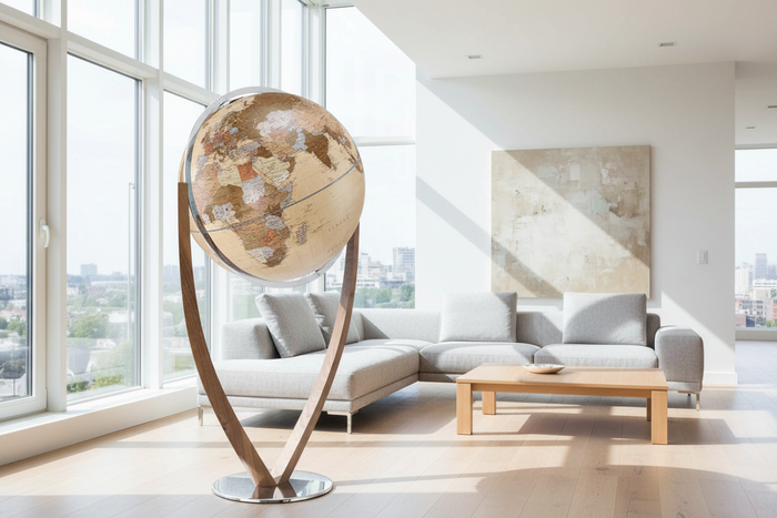 A massive 51-inch tall modern floor standing globe with a 24-inch non-illuminated sphere, representing the Waypoint Geographic collection in a bright, sunlit contemporary room.
