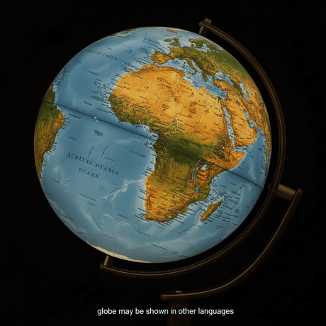 Close up of the illuminated Lyon globe showing political borders.