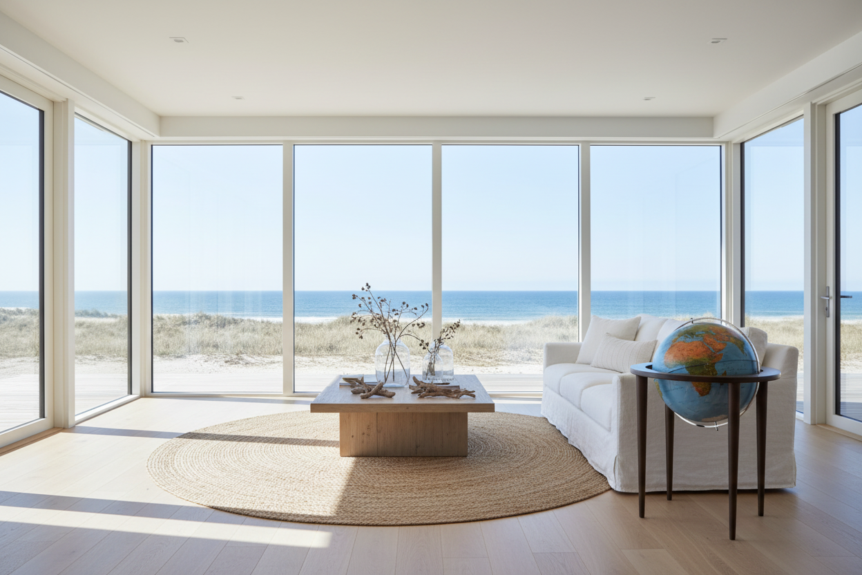 The Waypoint Geographic Normandy Blue Ocean floor globe with a light wood stand, placed in a sunlit modern coastal living room next to a white linen sofa.